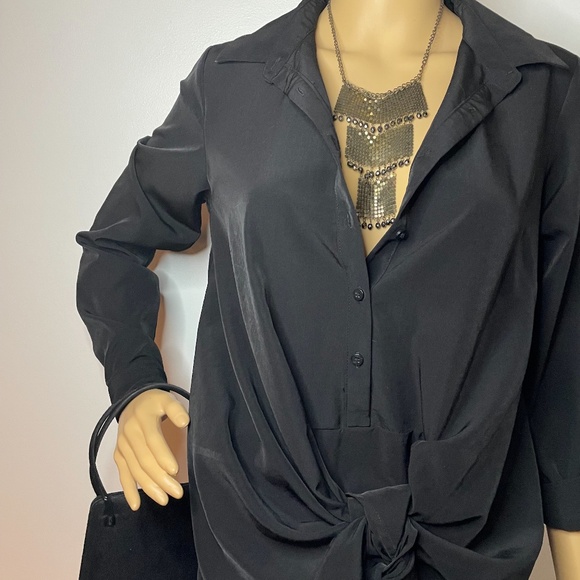 Black sheen lightweight button down long sleeve dress w/ bow tie in the front! - Picture 5 of 14
